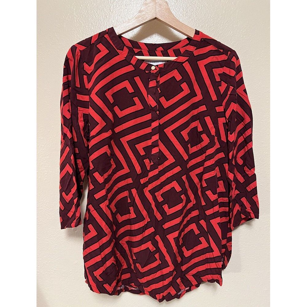 LIZ CLAIBORNE Red Geometric Popover Blouse Top Shirt 3/4 Sleeve Women's Sz Large